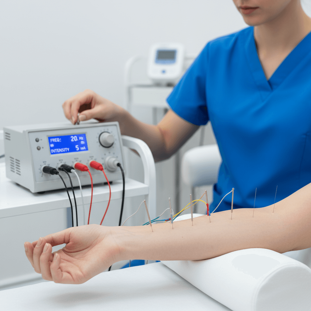Electroacupuncture device attached to needles on a patient's forearm