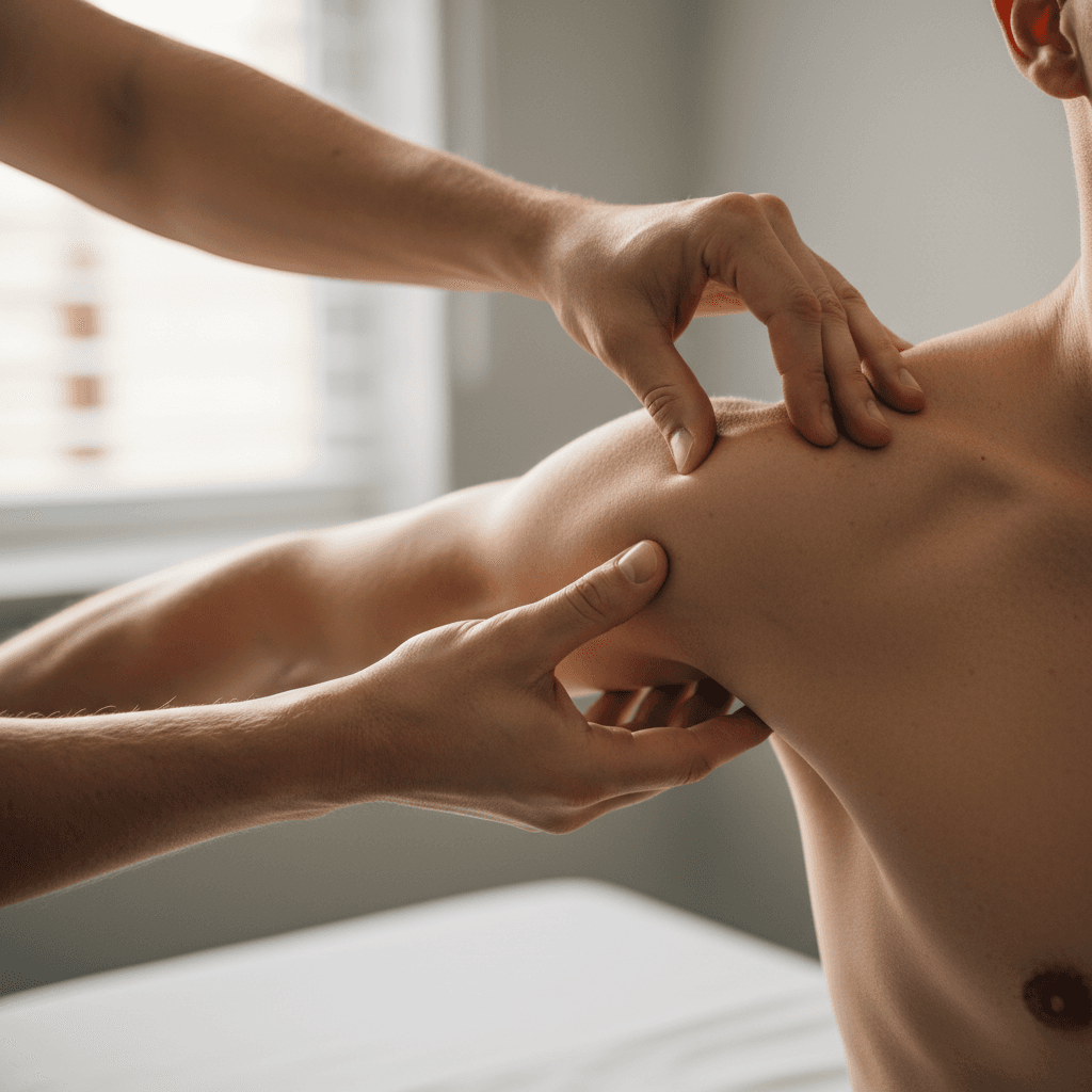 Dr. Geno performing detailed orthopedic shoulder assessment on patient