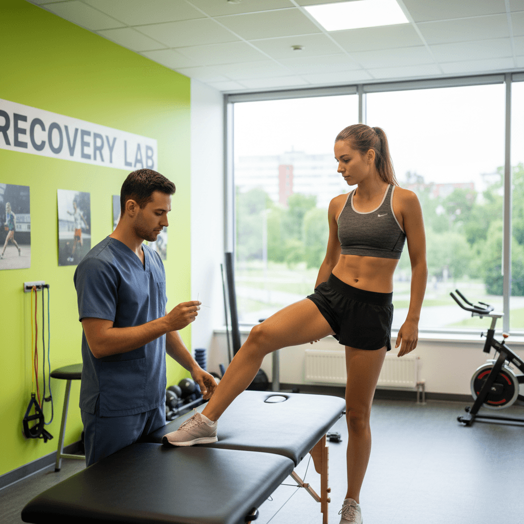 Runner stretching on a treatment table with a therapist preparing a needle