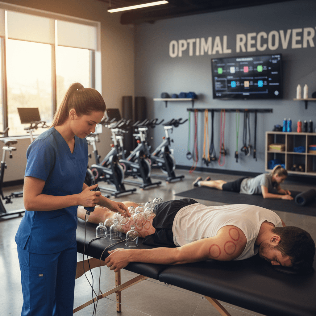 Athlete receiving cupping therapy on a calf muscle in a training room