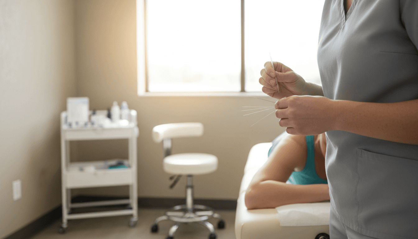 Dry needling treatment on a patient's shoulder in a sports therapy clinic