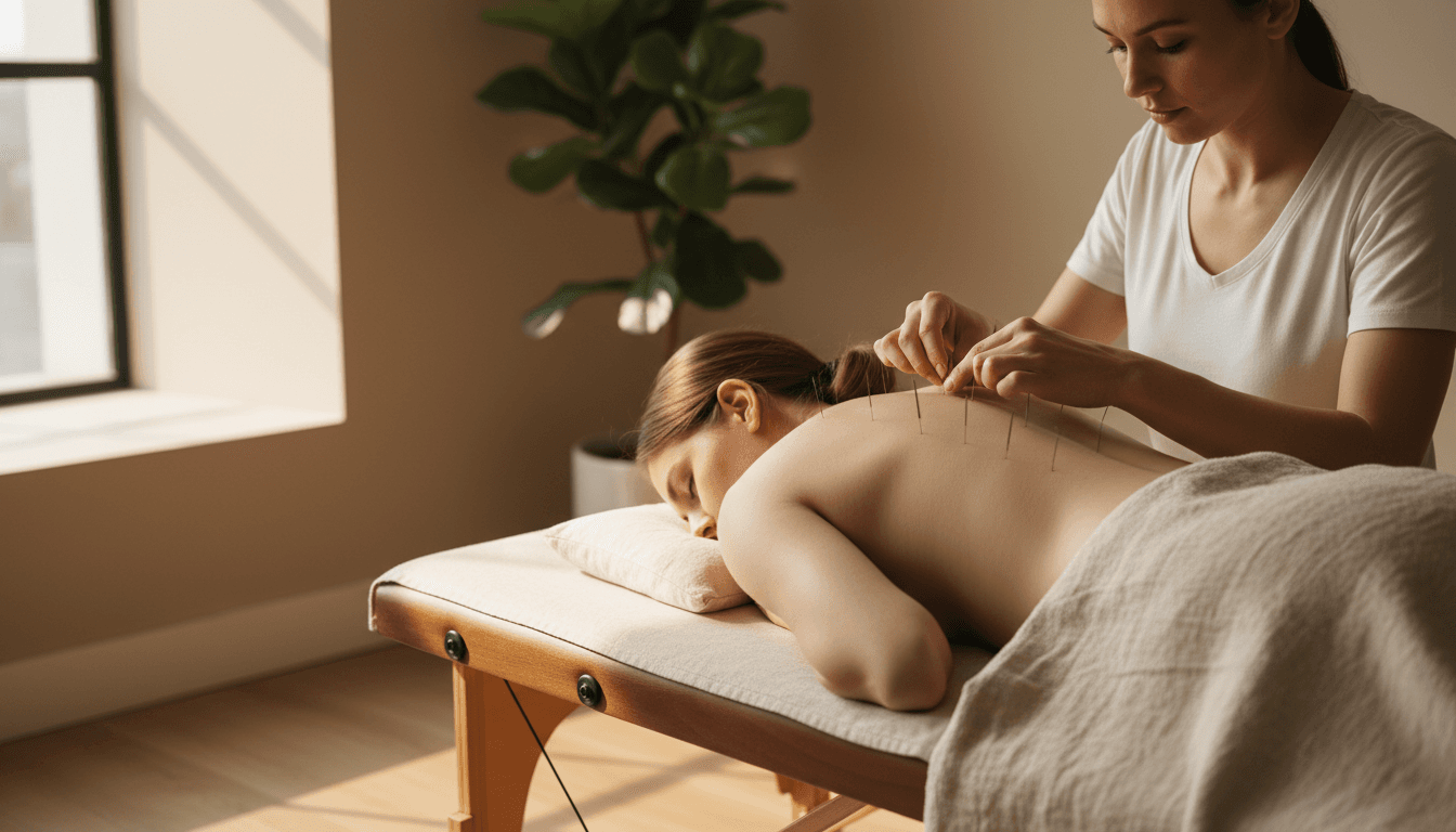 Acupuncturist treating a patient's neck and shoulders with thin needles in a sunlit clinic room