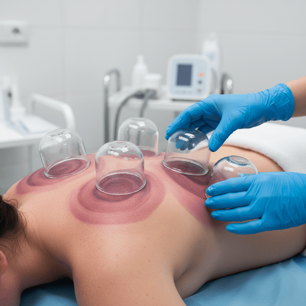Round glass cups placed on a patient's upper back