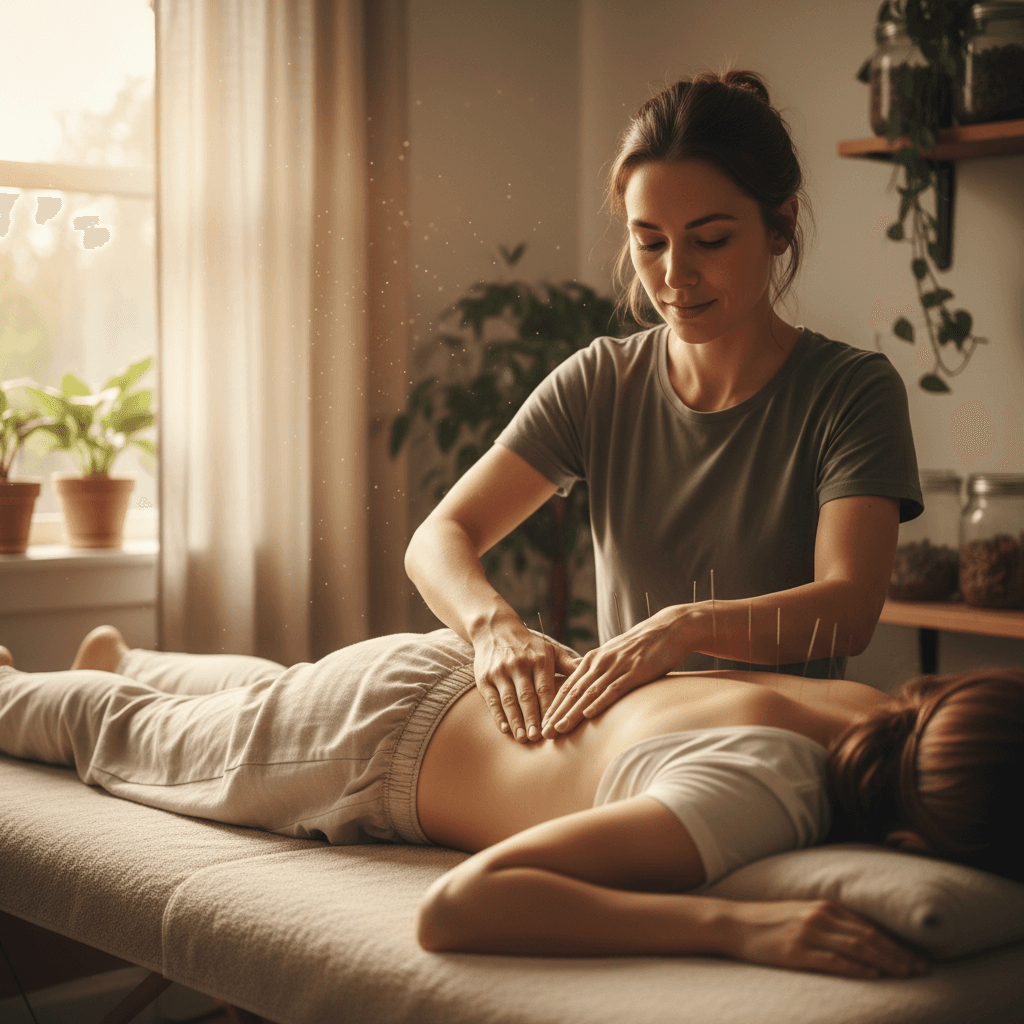 Acupuncturist assessing a patient's lower back pain during a home visit