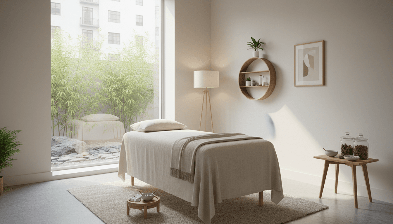 acupuncture treatment room with treatment table and natural light in modern clinic