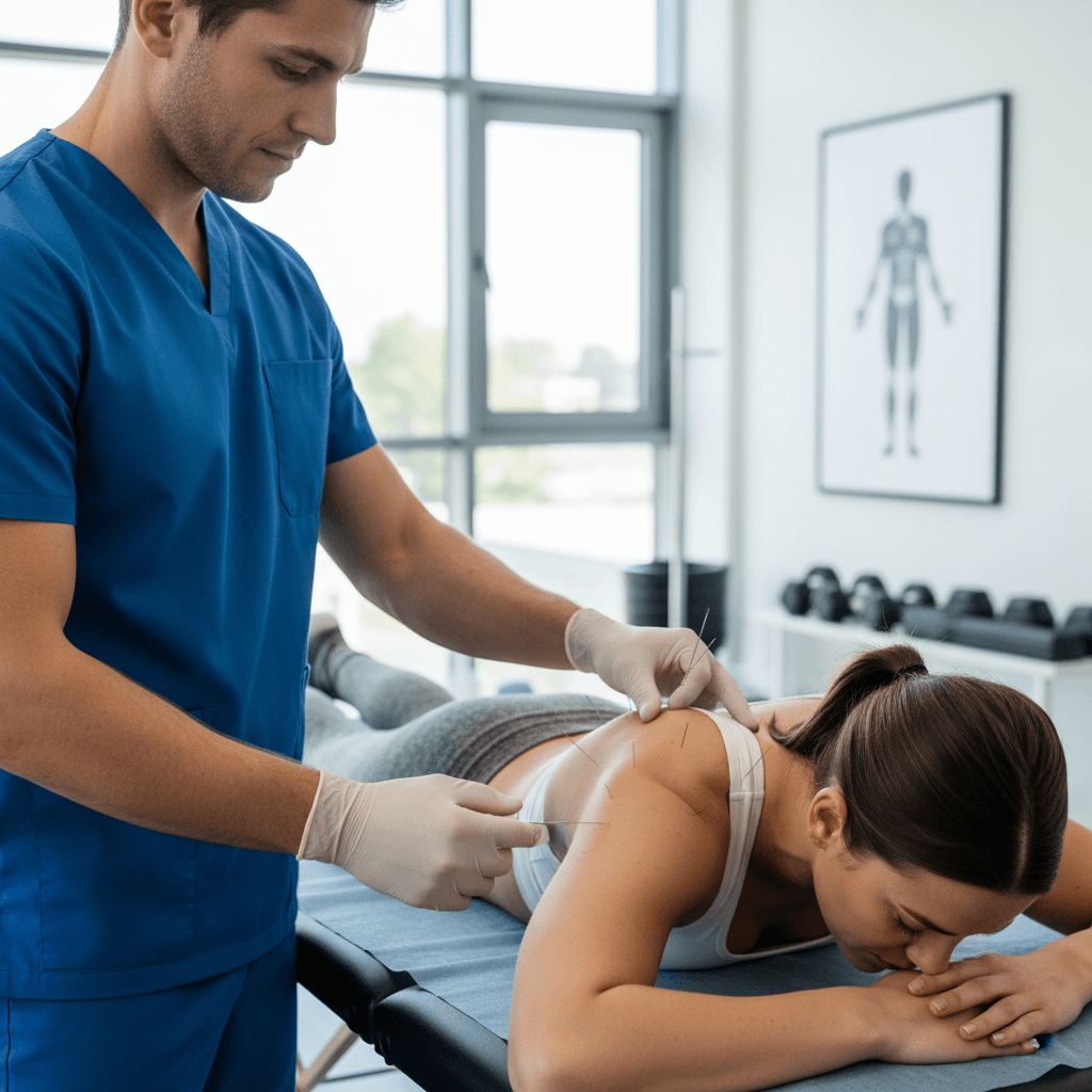 Athlete receiving shoulder dry needling treatment