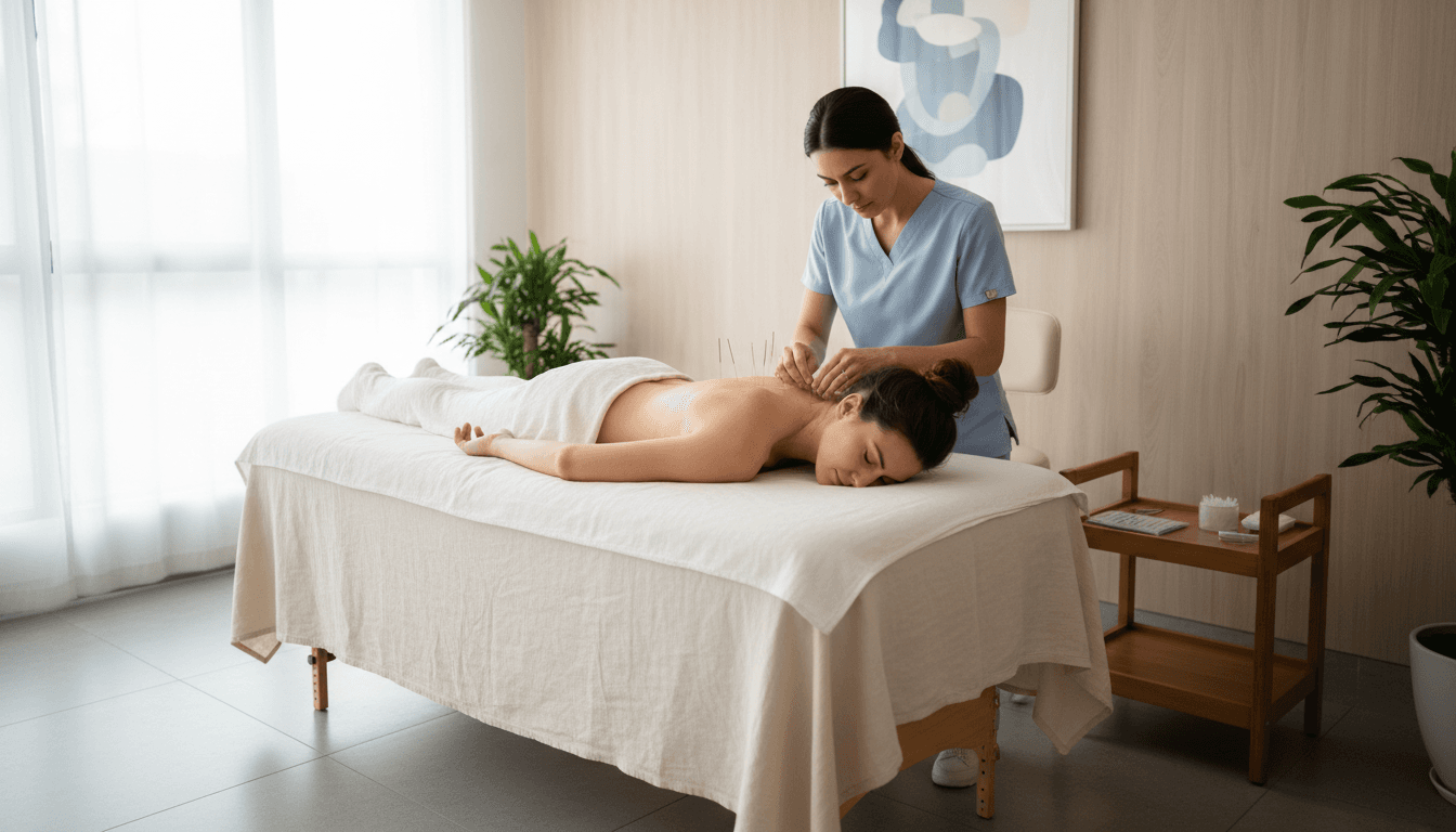 Dr. Geno Diveley treating a patient's neck and shoulder area with acupuncture needles
