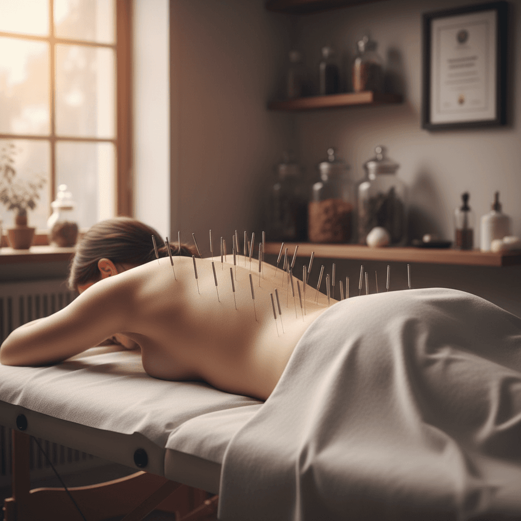 patient lying face down with acupuncture needles on lower back in clinical setting