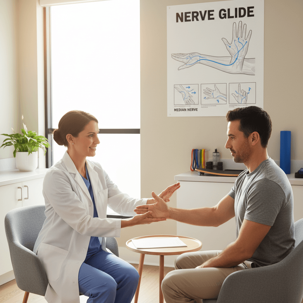 Therapist demonstrating a nerve-gliding exercise to a patient
