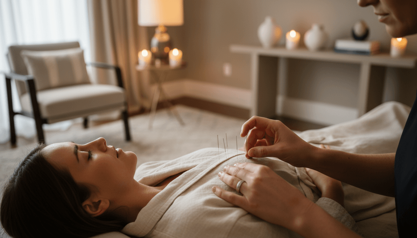 Acupuncturist performing in-home dry needling treatment in a client's residence