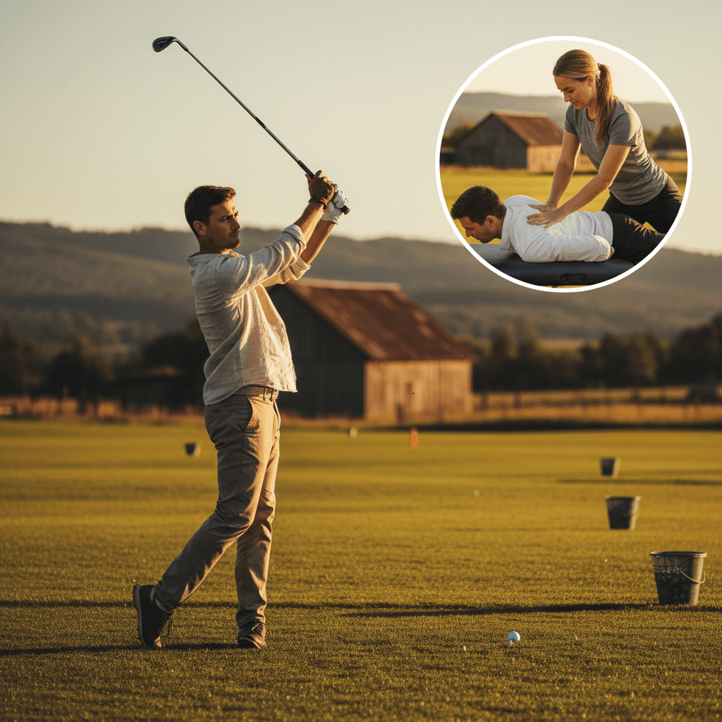 Golfer swinging a club on a range with inset of therapeutic work on hip area