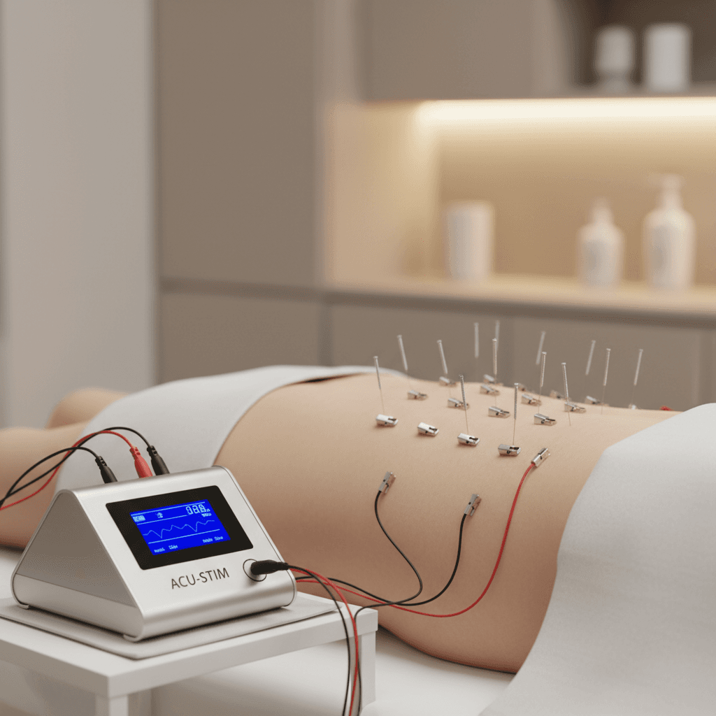 Electroacupuncture with small clips attached to needles on a patient's lower back