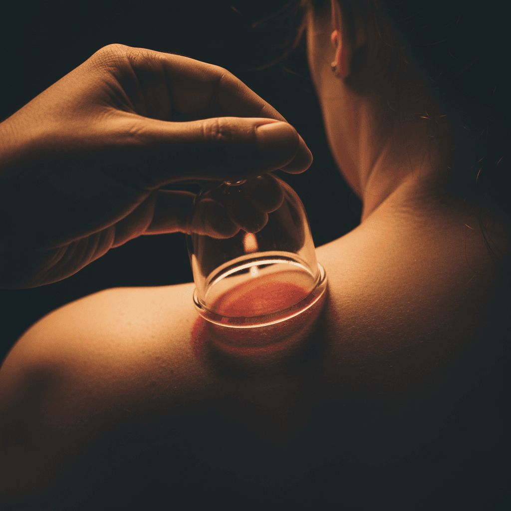 Cupping therapy session on a shoulder blade with visible suction marks