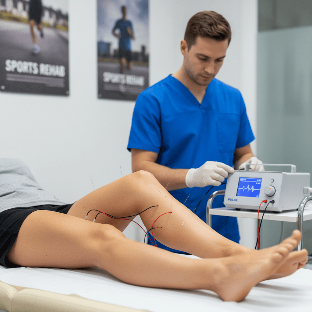 Electroacupuncture device connected to needles on a patient's leg