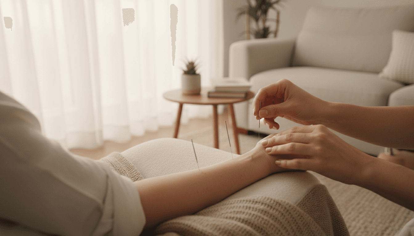 Acupuncture treatment being administered on a client's arm in a cozy home setting