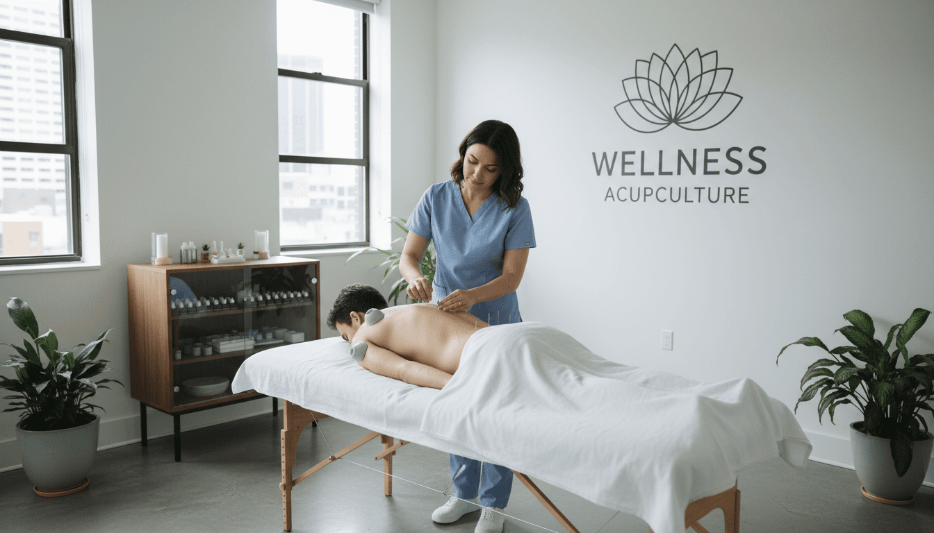 Acupuncturist treating a patient's back with fine needles in a bright, modern clinic room