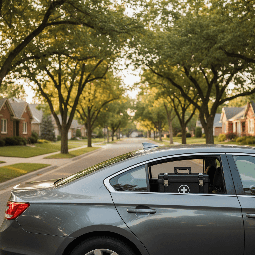 Acupuncturist's car parked on a Fort Collins residential street with mobile treatment equipment