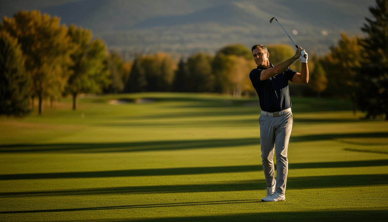 Professional golfer mid-swing on a pristine Colorado golf course during golden hour