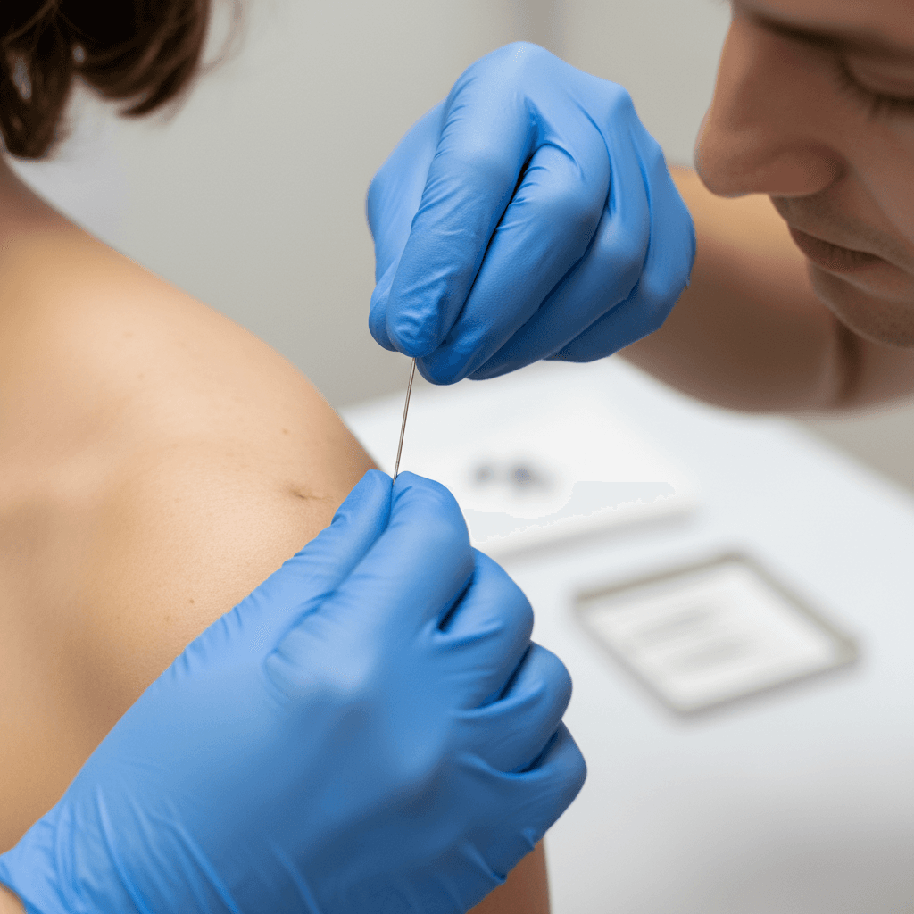 Close-up of a thin acupuncture needle being inserted into a shoulder muscle