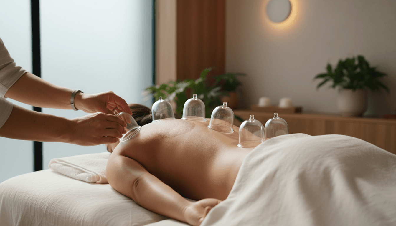Cupping therapy session on a patient's back in a clinic