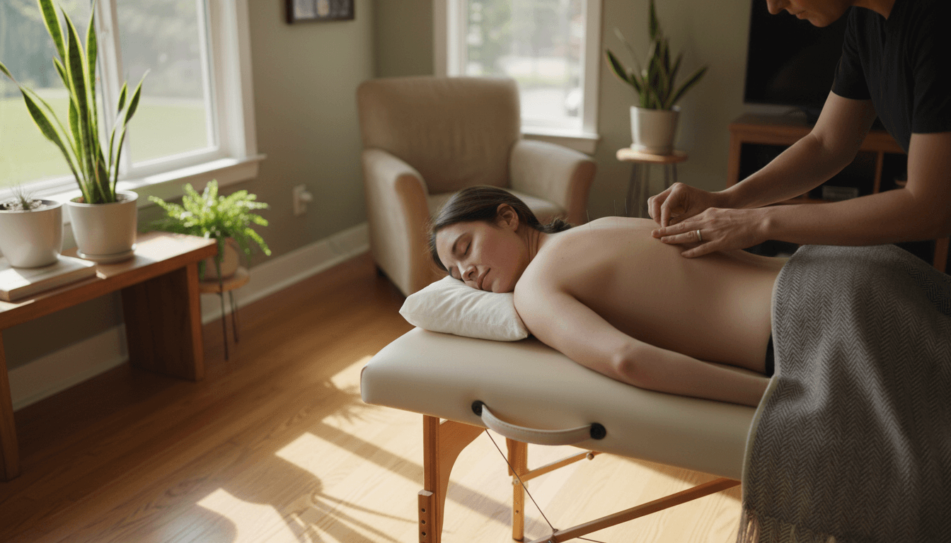 Acupuncturist performing treatment on a client's lower back in a sunlit home living room