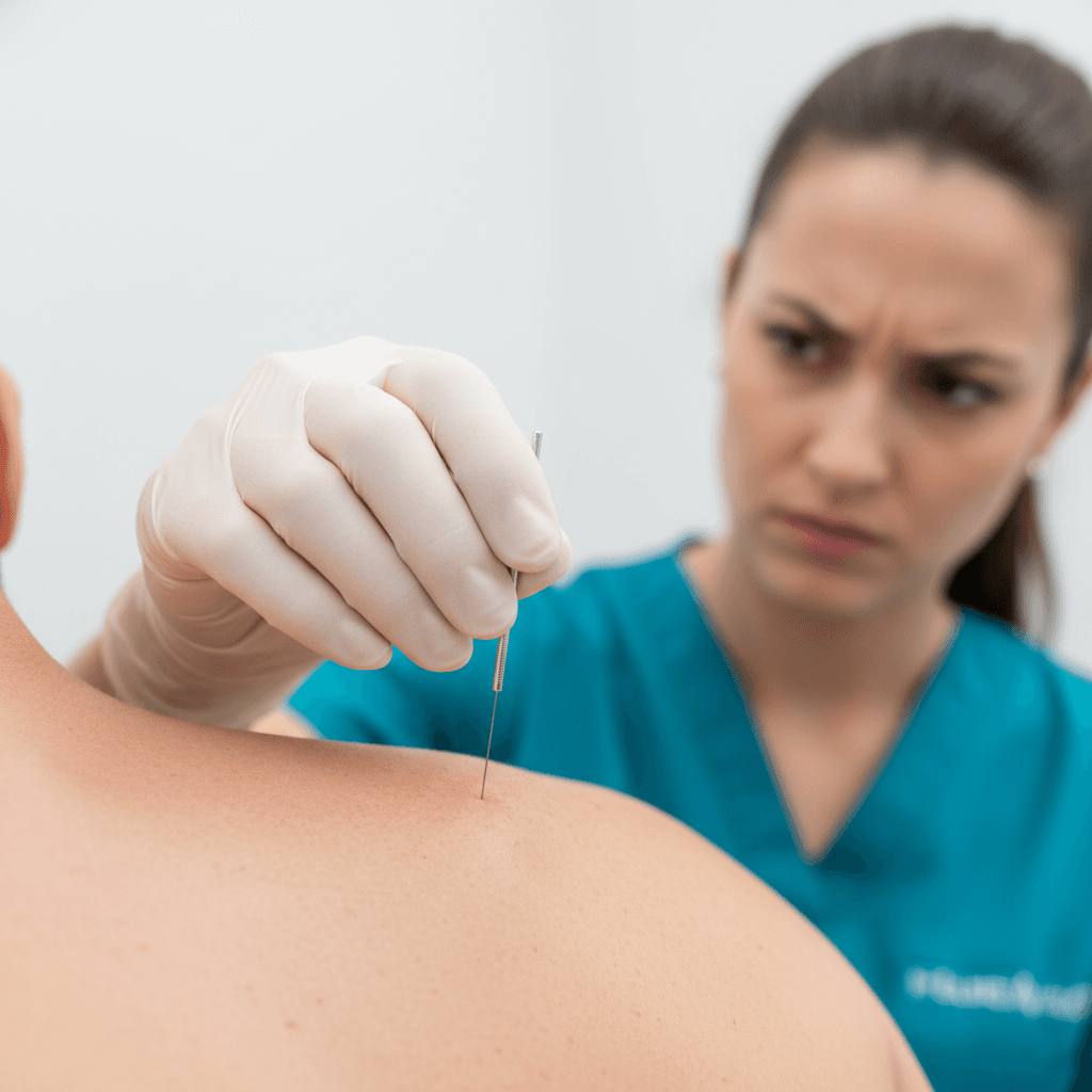 Practitioner performing dry needling on a patient's back muscle
