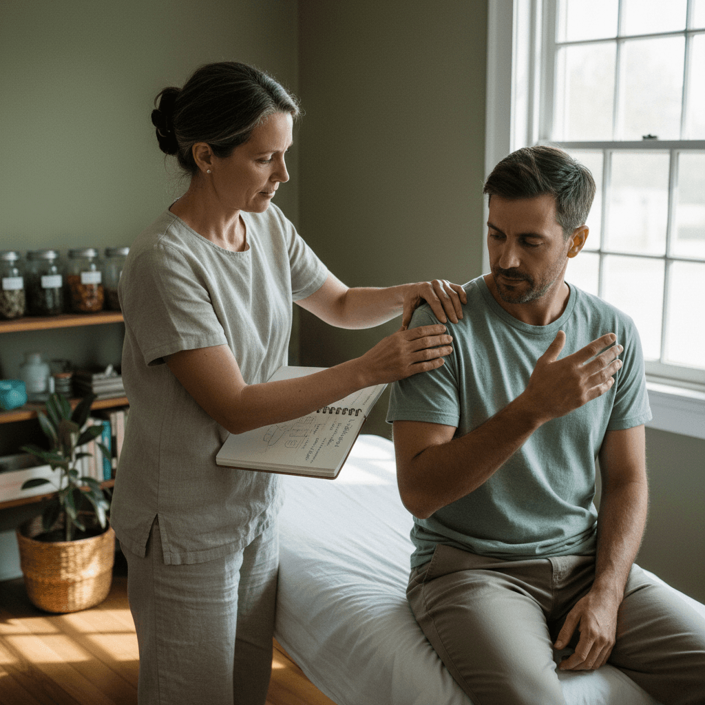 Acupuncturist assessing patient's shoulder movement during consultation