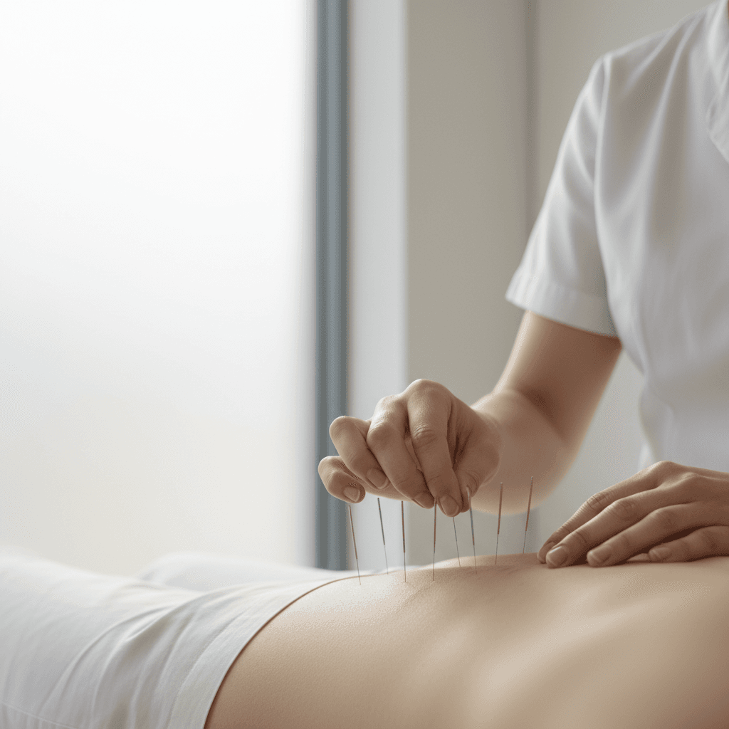 Close-up of acupuncture needles being placed along the lower back
