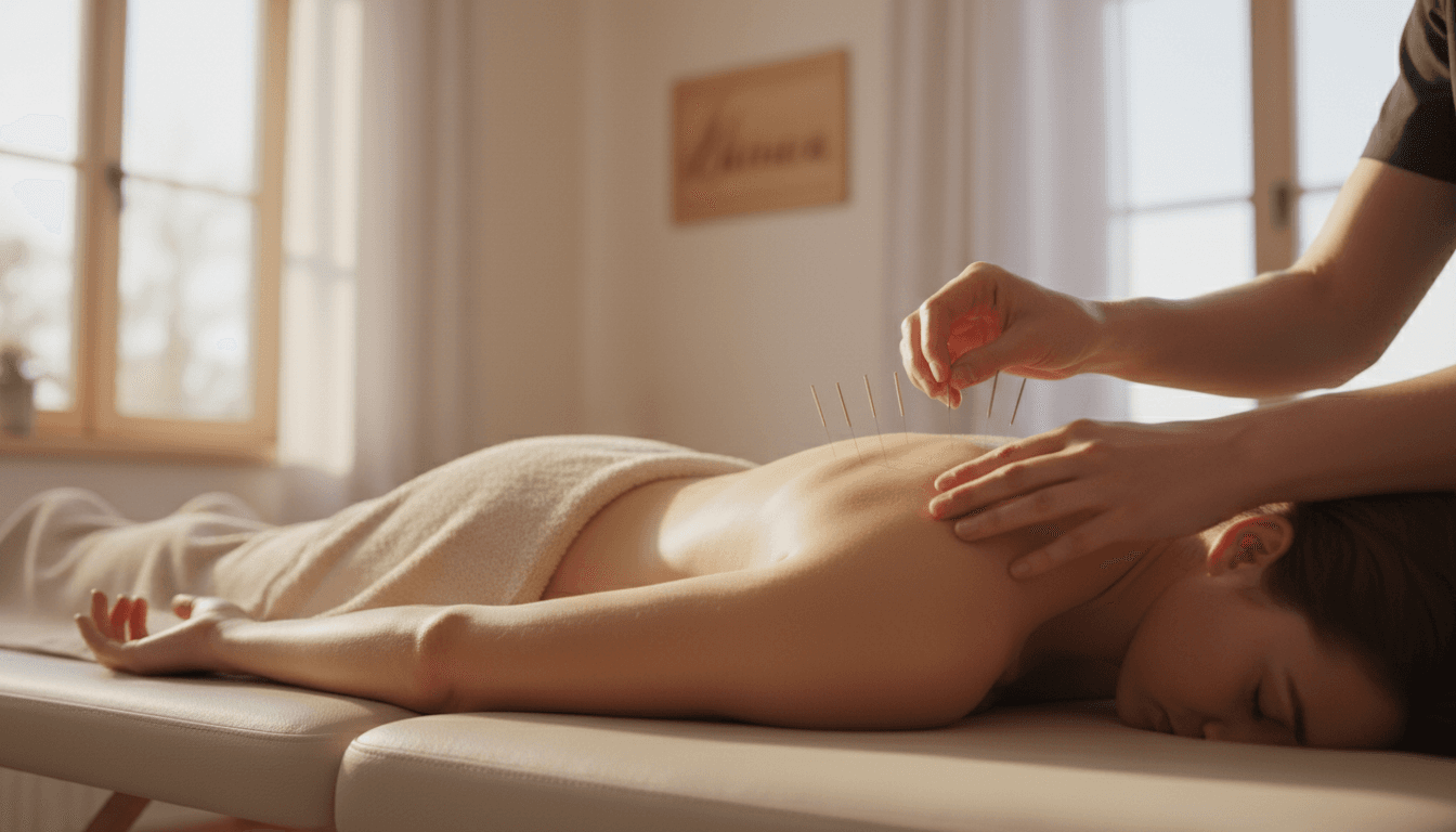 Close-up of acupuncture needles being placed on a patient's shoulder during a treatment session in Loveland