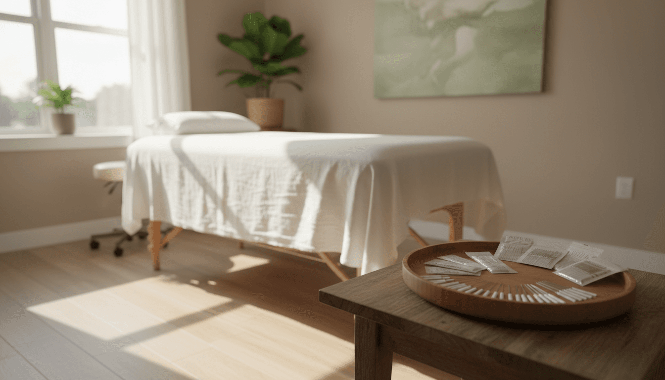 Acupuncture treatment room with needles arranged on a wooden tray near a sunlit window