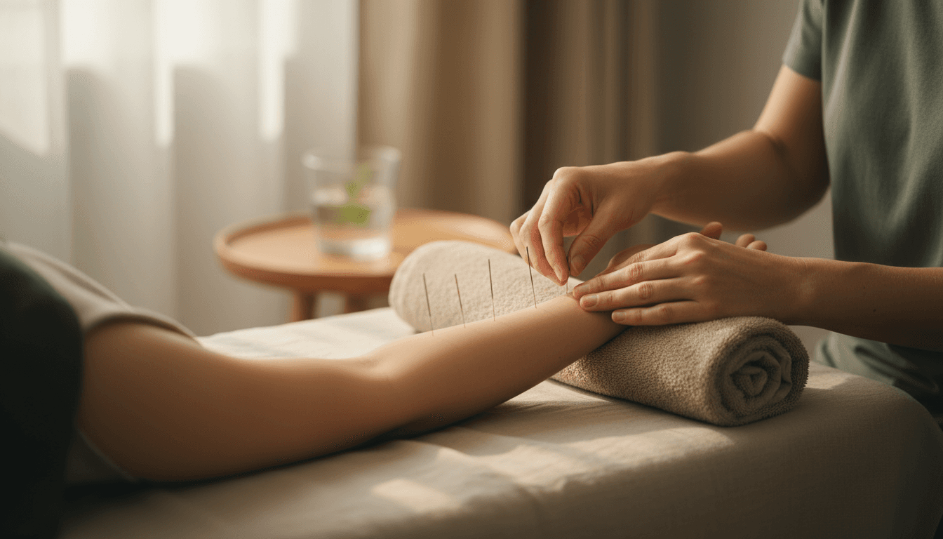 Acupuncturist's hands placing needles on a patient's forearm during treatment