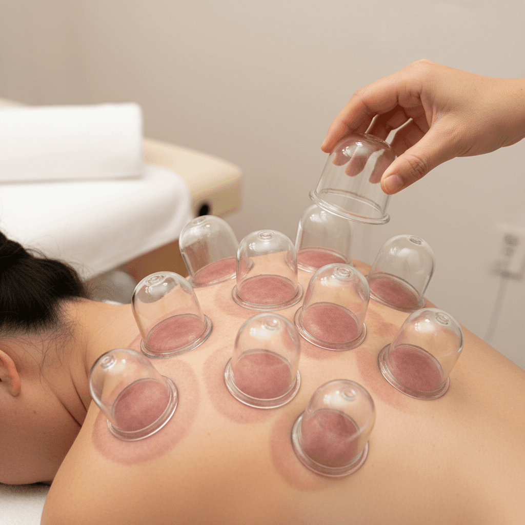 Cupping therapy cups placed on the shoulder and upper back