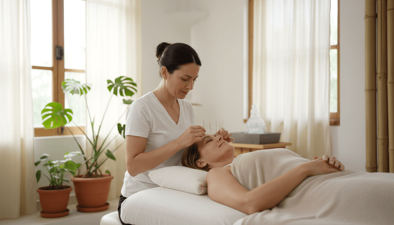 Dr. Geno Diveley performing in-home facial acupuncture treatment