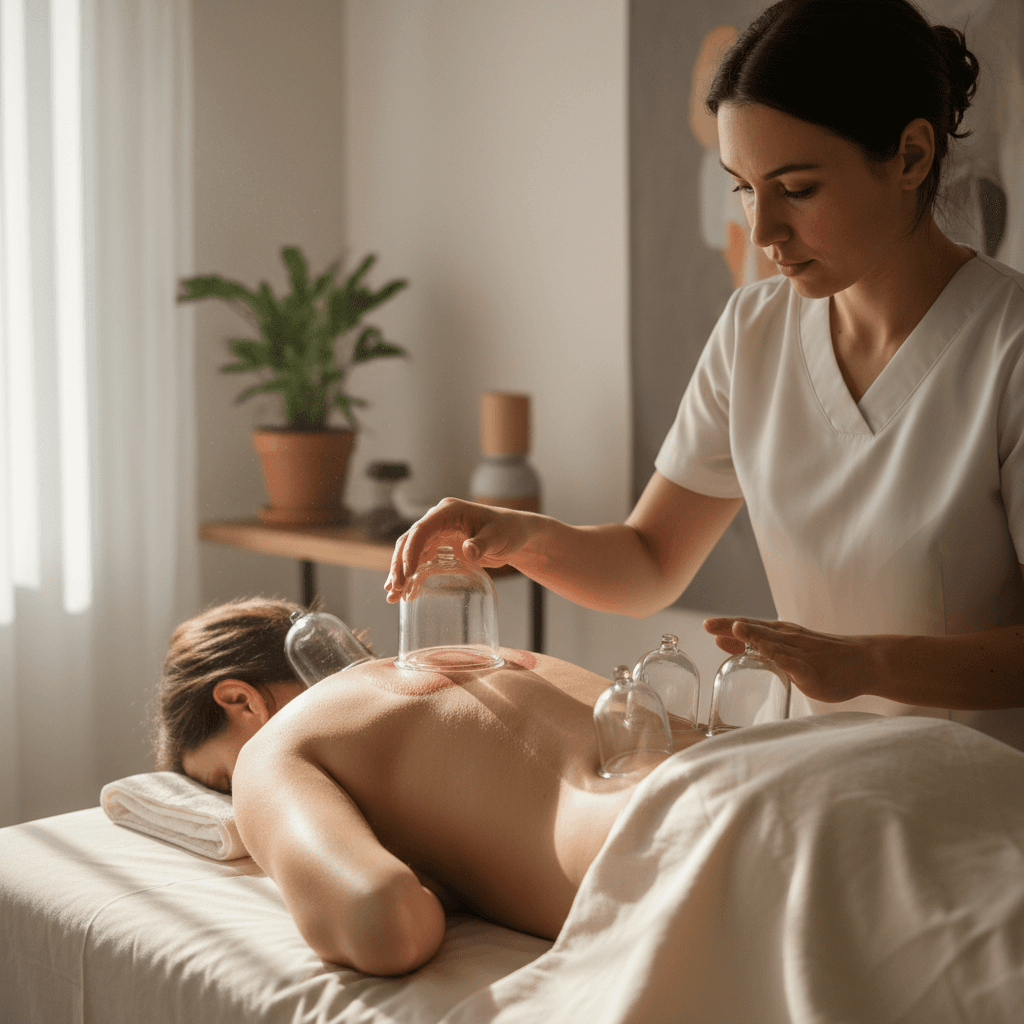 Therapist applying cupping therapy to a patient's back