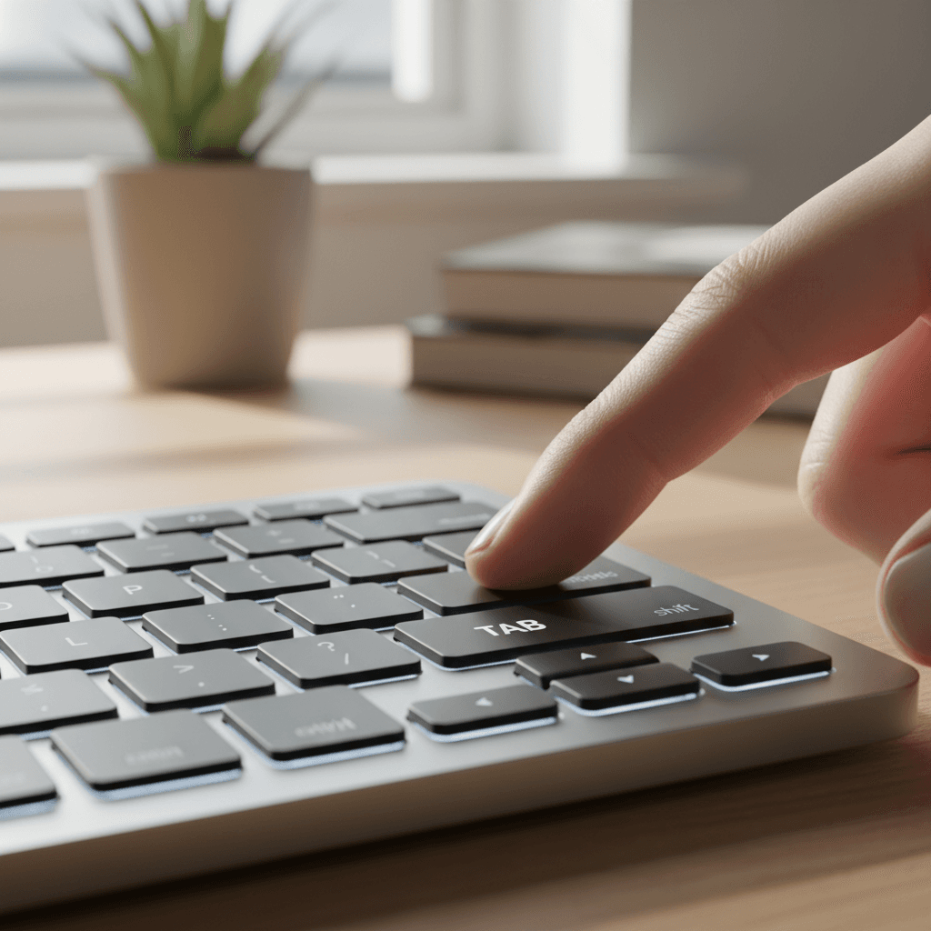 Finger pressing the Tab key on a keyboard