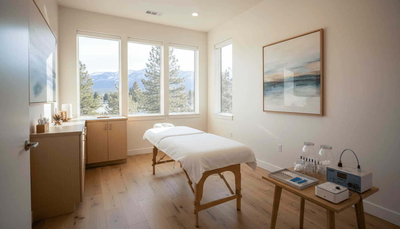 Peaceful, well-organized sports therapy treatment room with natural light, representing a private and secure clinic environment