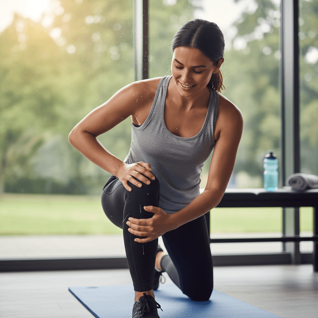 Athlete stretching after acupuncture to improve range of motion