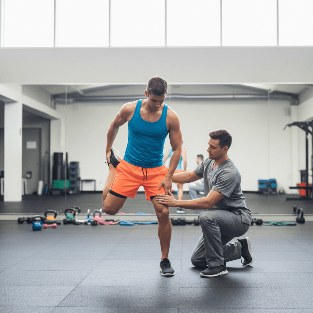 Therapist working with athlete stretching on gym floor
