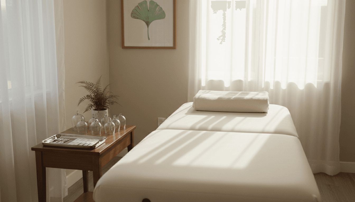 Acupuncture needle tray and cupping set on a wooden table in a therapy room with soft natural light