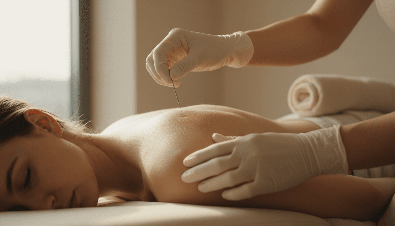 Practitioner performing dry needling on a patient's upper back in a clean treatment room