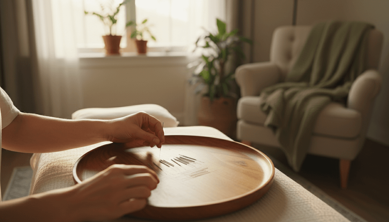 Acupuncture needles being prepared on a wooden tray in a cozy living room setting.