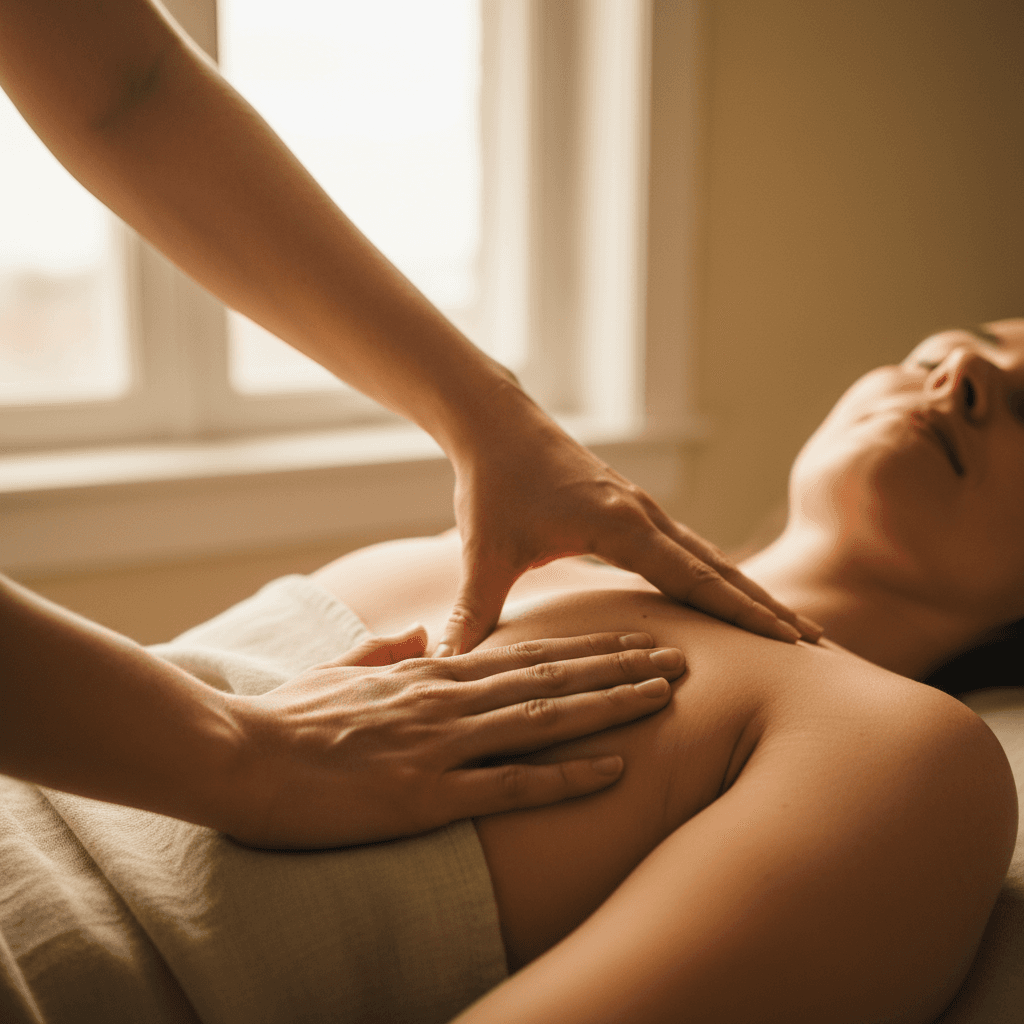 Manual therapy hands performing myofascial release on a patient's shoulder