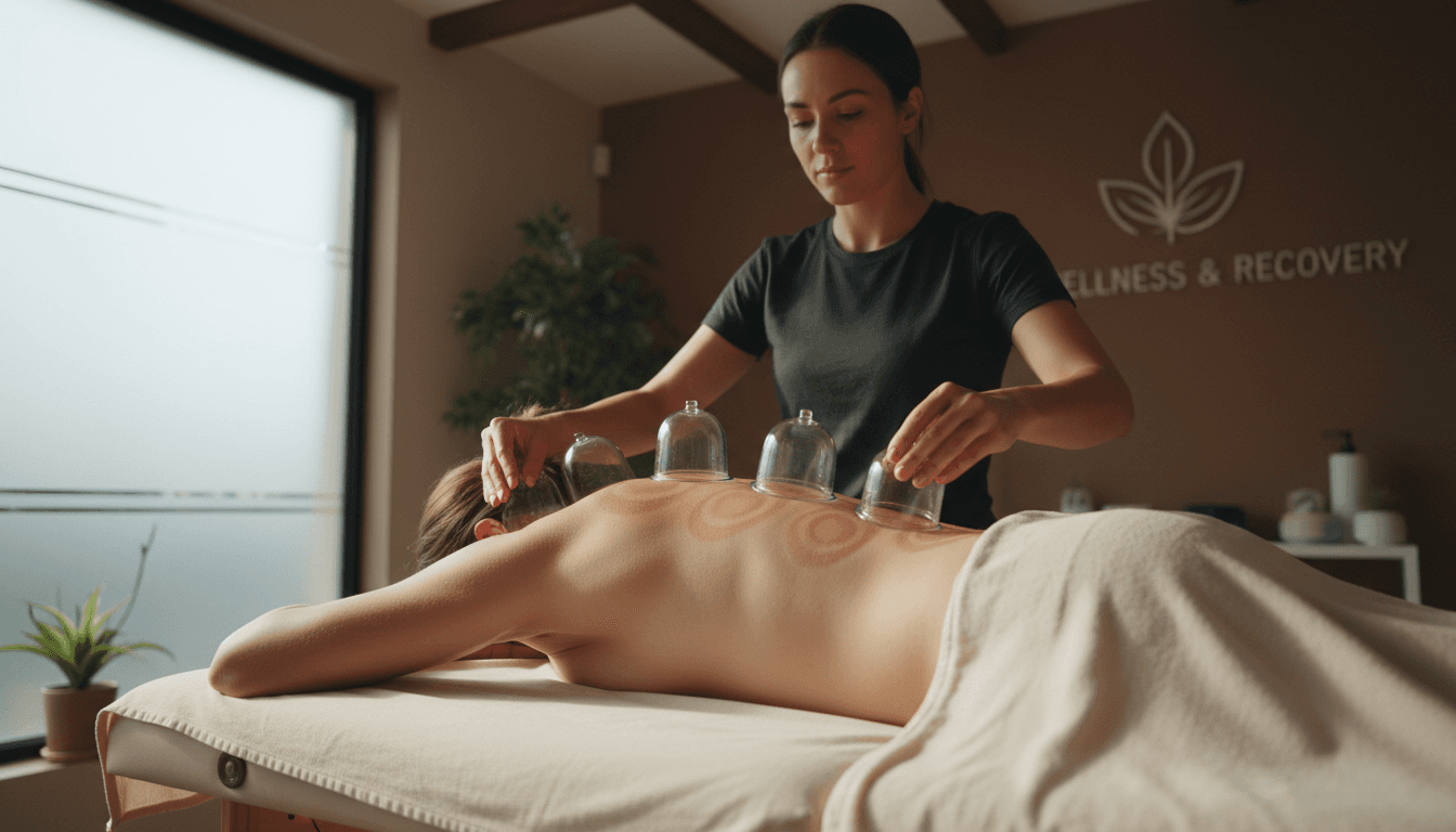 Cupping therapy session with glass cups on a patient's back at a sports therapy clinic