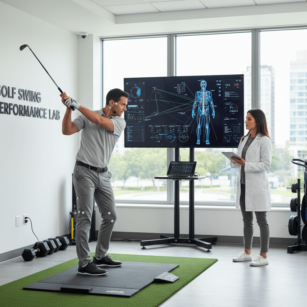 golfer during swing analysis in therapy clinic with therapist observing