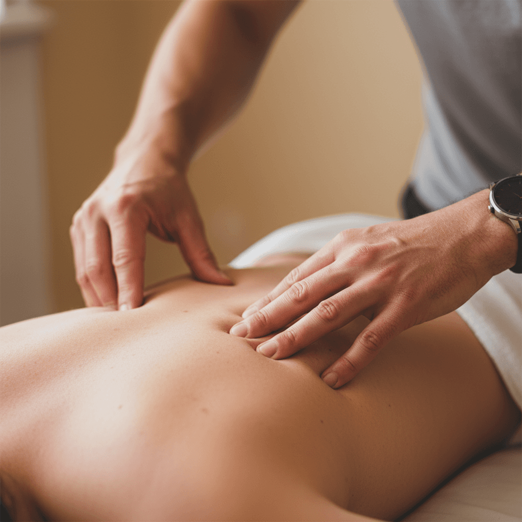 Hands performing myofascial release on the upper back
