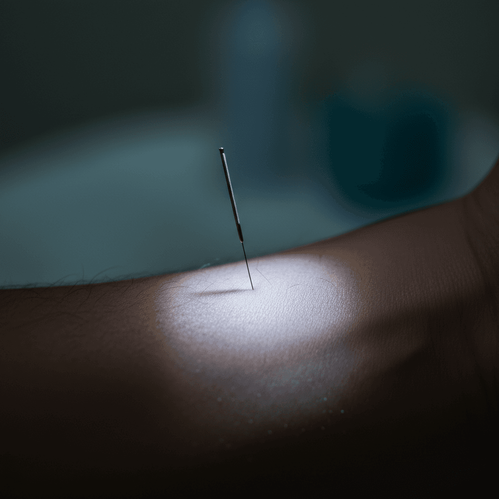 Close-up of motor point acupuncture needle insertion on forearm