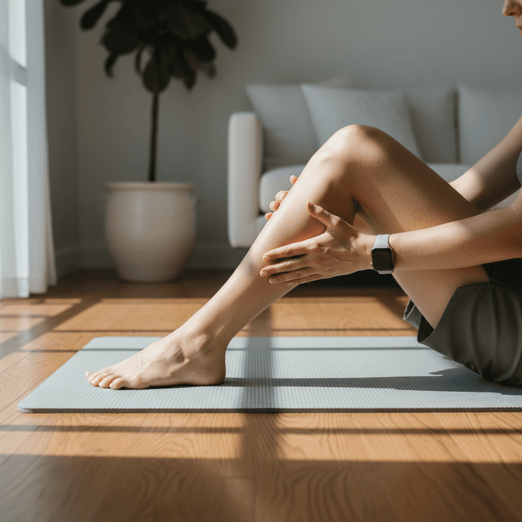 Hands doing a manual assessment on a client's leg in a home environment
