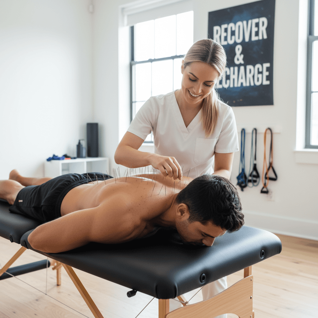 Athlete receiving dry needling on the neck and shoulder region