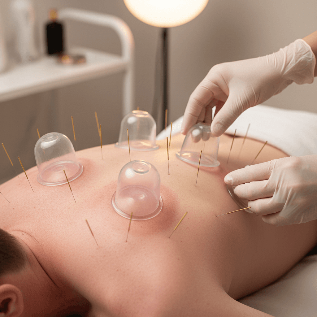 Therapist placing cupping cups on a patient's back with needles inserted nearby