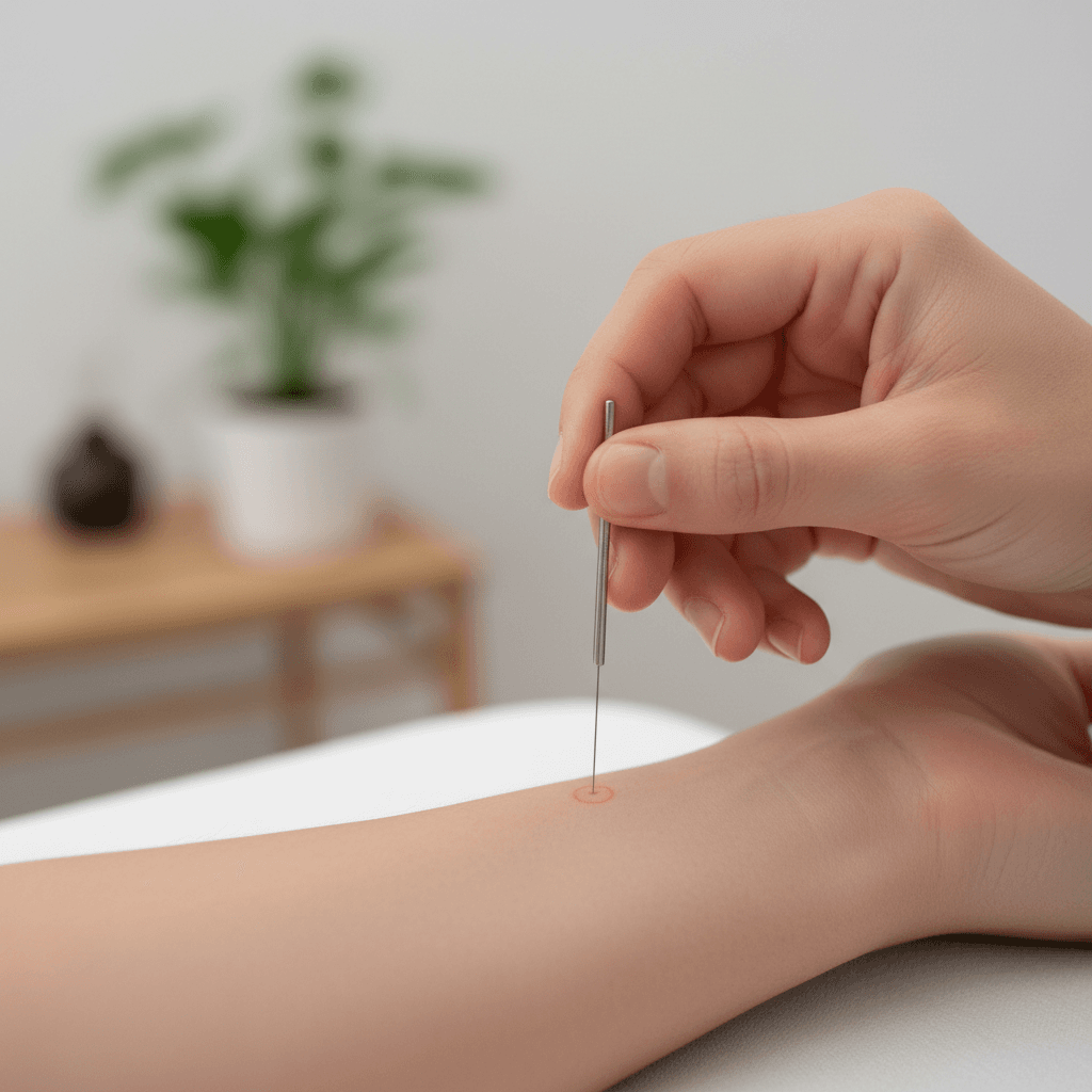 Acupuncturist placing a thin needle at a motor point on a patient's forearm